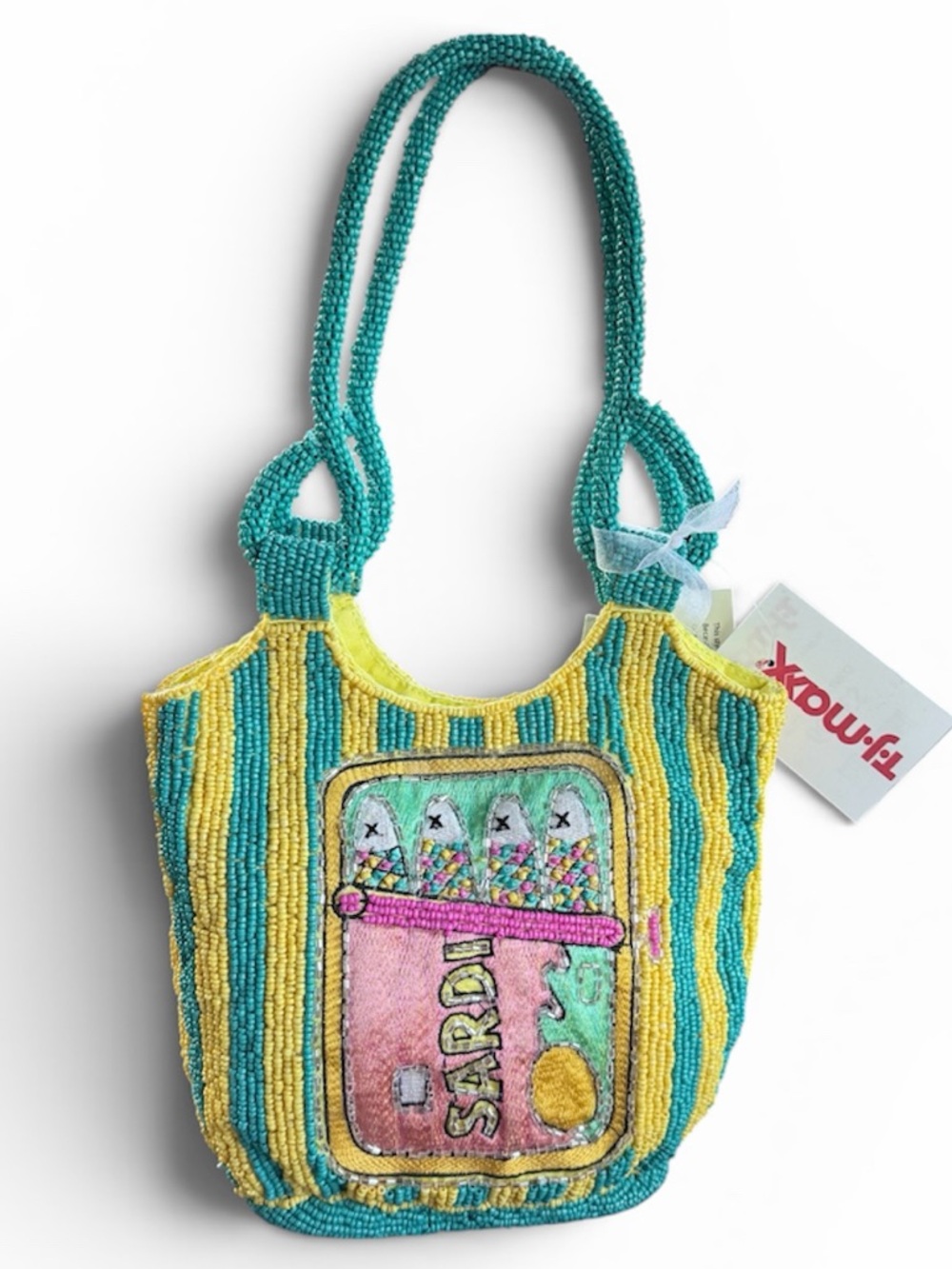 VIRAL Beaded Sardines bag T.J.Maxx Yellow, Teal and Pink Beaded Mini Tote NWT